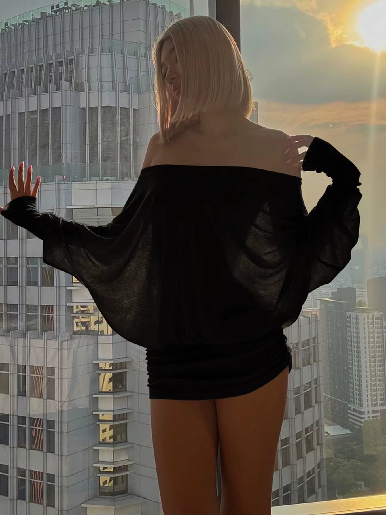 off Shoulder Long Sleeves Ruched Patchwork Mini Dress Women’S Sexy Elegant Casual Outfit Party Clubwear Spring Summer