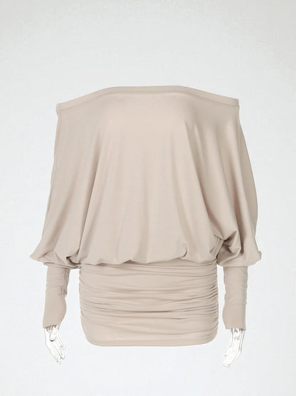 off Shoulder Long Sleeves Ruched Patchwork Mini Dress Women’S Sexy Elegant Casual Outfit Party Clubwear Spring Summer
