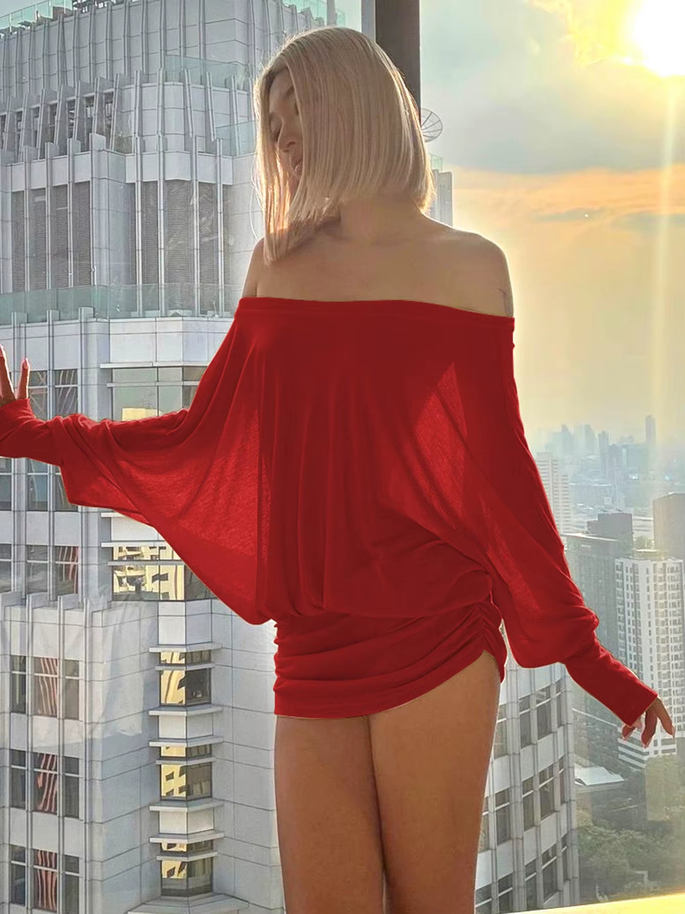 off Shoulder Long Sleeves Ruched Patchwork Mini Dress Women’S Sexy Elegant Casual Outfit Party Clubwear Spring Summer