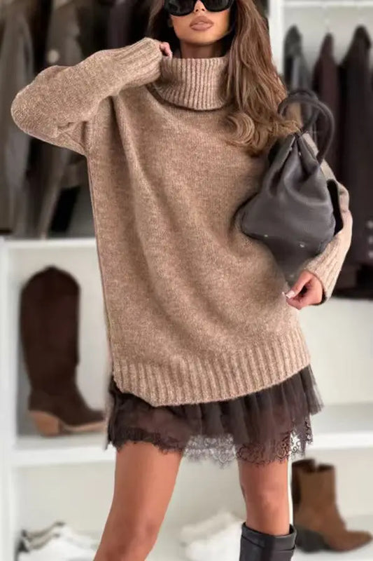Chic Women's 2-Piece Knitted Turtleneck Sweater Dress with Lace Details and Drop Shoulder Design