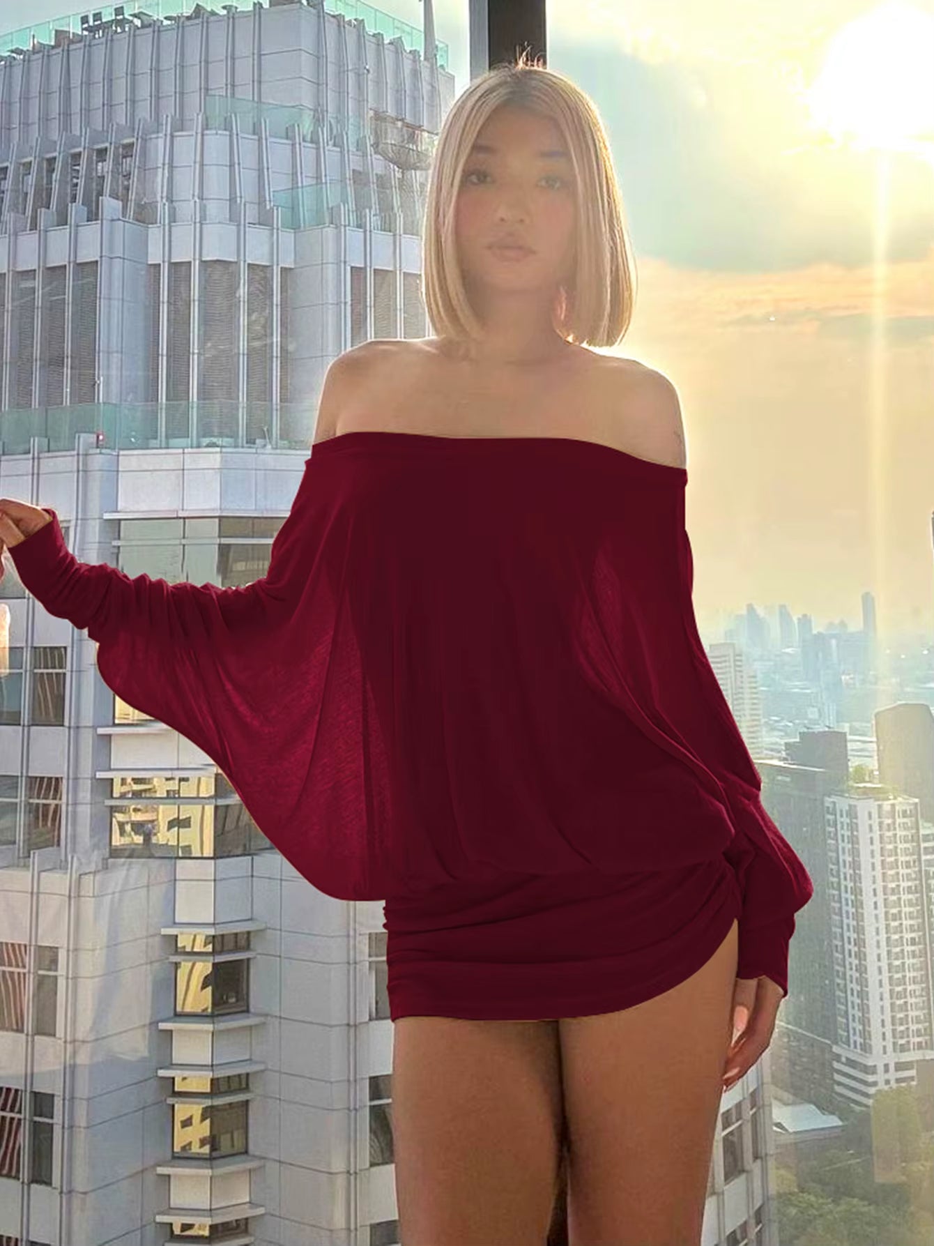 off Shoulder Long Sleeves Ruched Patchwork Mini Dress Women’S Sexy Elegant Casual Outfit Party Clubwear Spring Summer